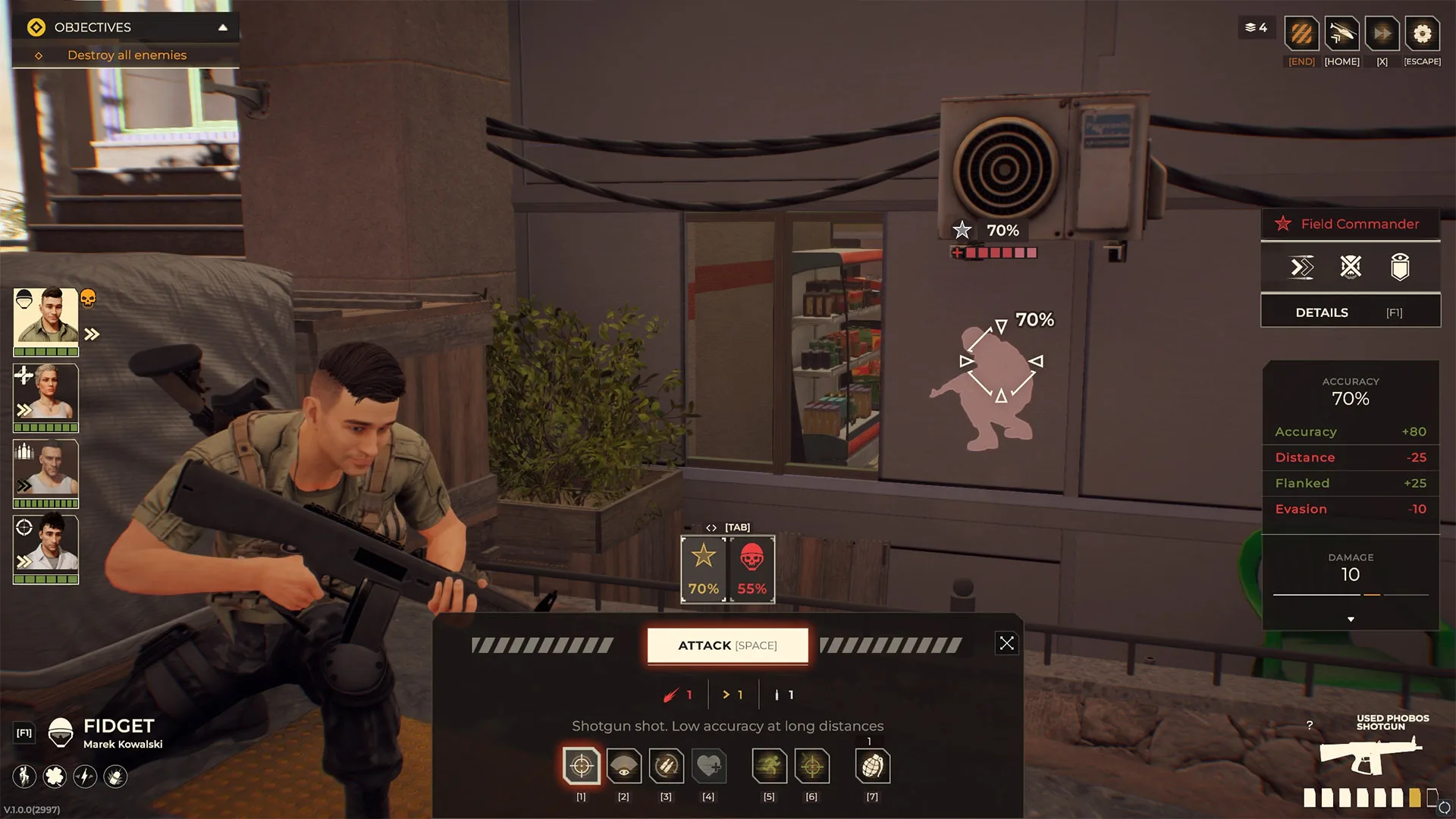 Warhounds V1.0.0(2997) attack preview targeting a Field Commander, showing 70% accuracy and Accuracy, Distance, Flanked, and Evasion modifiers.