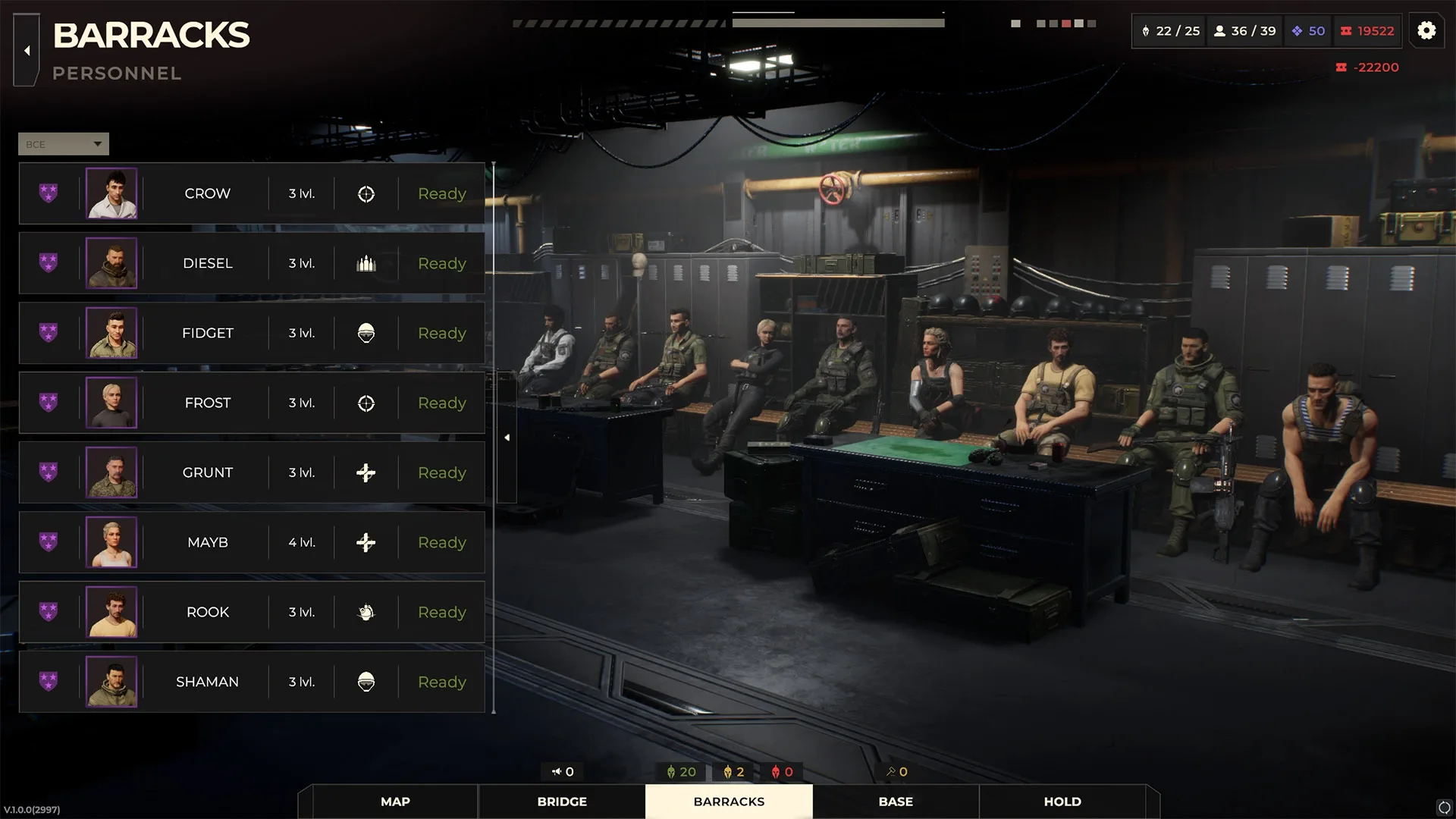 Warhounds Barracks personnel screen showing operative portraits, levels, class icons and Ready status.