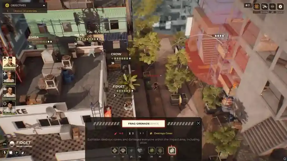Warhounds version 1.0.0 Frag Grenade targeting preview showing the red impact area and the 'Destroys Cover' ability label.