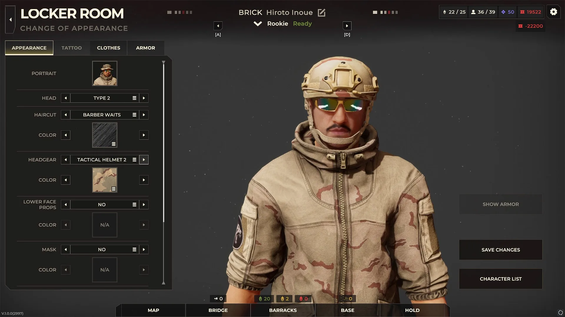 Warhounds Locker Room appearance editor showing a recruit's 3D character model, portrait thumbnail, and controls for head, haircut, headgear, face props, and mask.
