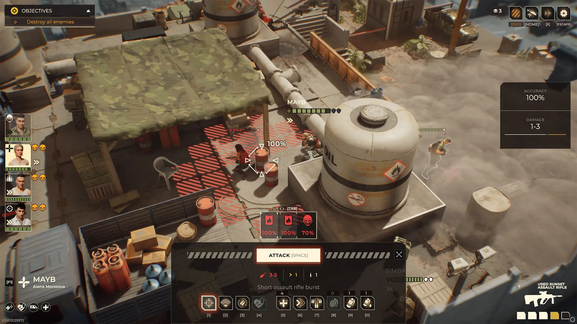 Warhounds tactical objective and attack preview showing squad portraits, cover and accuracy.