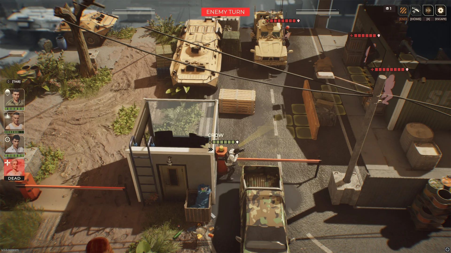 Warhounds tactical battle view with squad portraits, enemy turn indicator and rooftop cover.