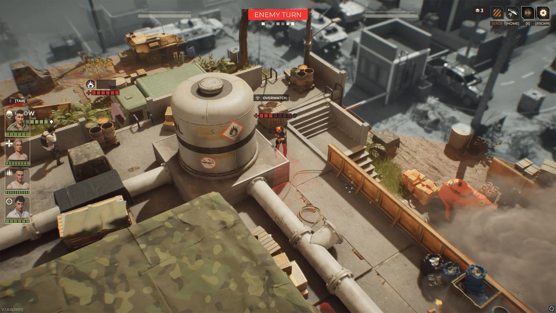 Warhounds rooftop battle showing the Overwatch marker, squad portraits and enemy turn.